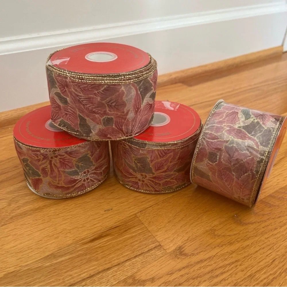 ✨ Vintage Poinsettia Wired Ribbon Garland – 4 Spools (One New!) ✨